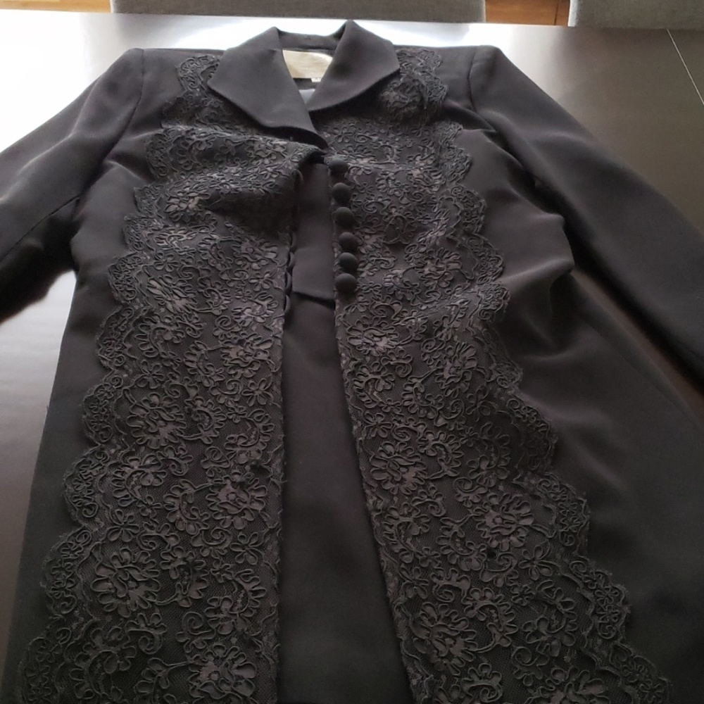 Black, wool 2 PC, lace embellished long jacket